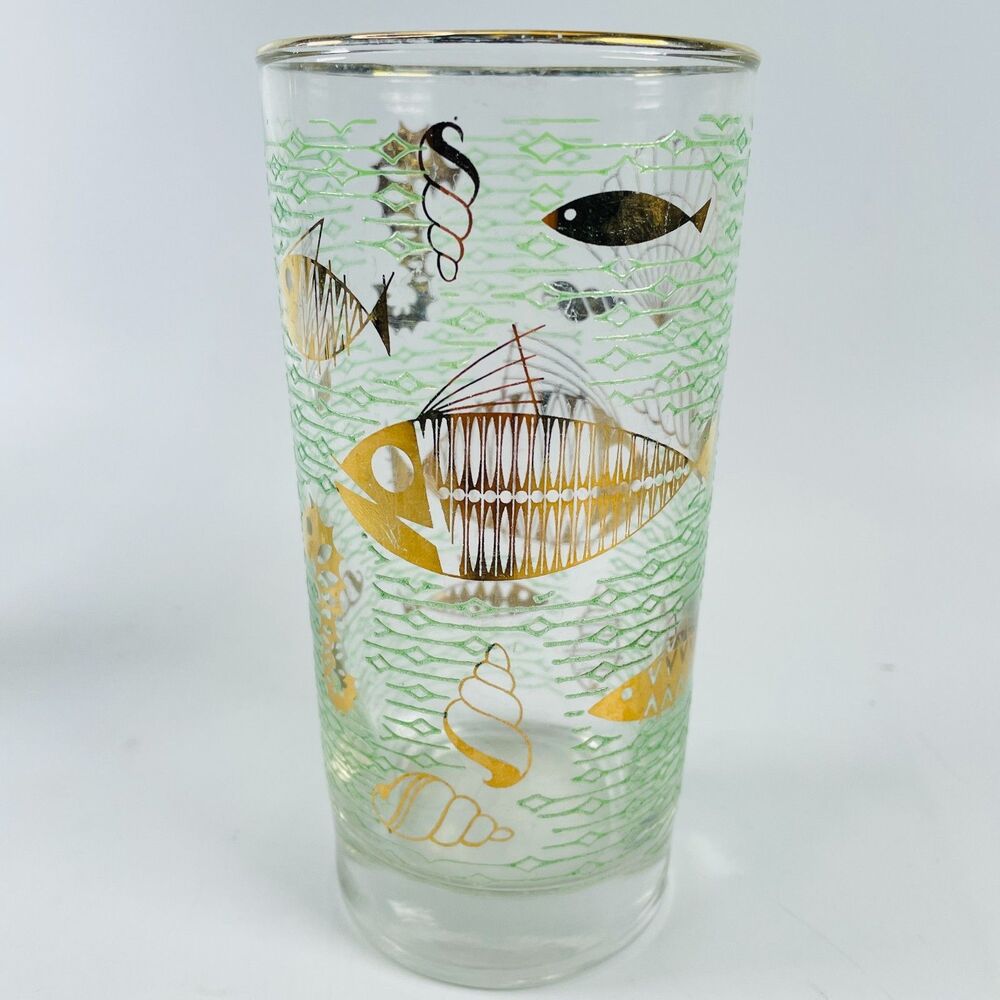 MCM Libbey Marine Life Tumbler 5.5" Fish Seahorse Seashell Gold Textured Vtg